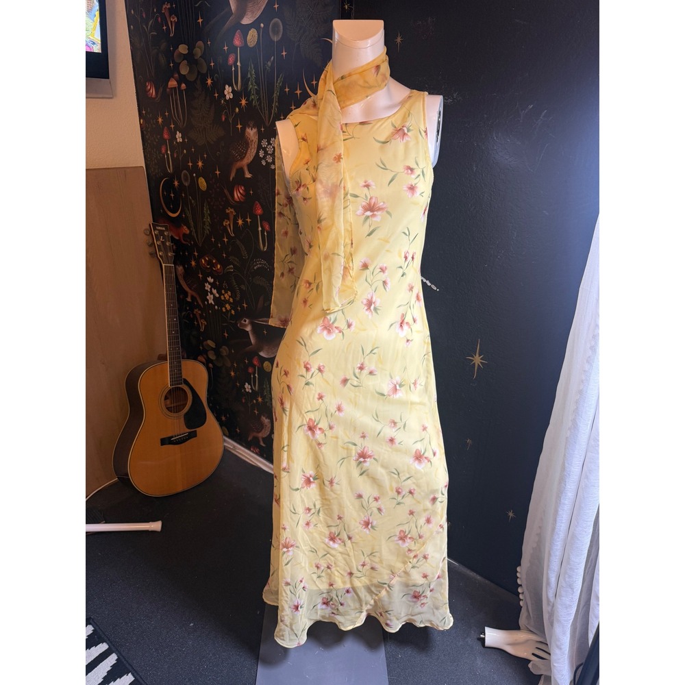 Vintage My Michelle Yellow Floral Chiffon Maxi Dress with Scarf Size 9/10 90s